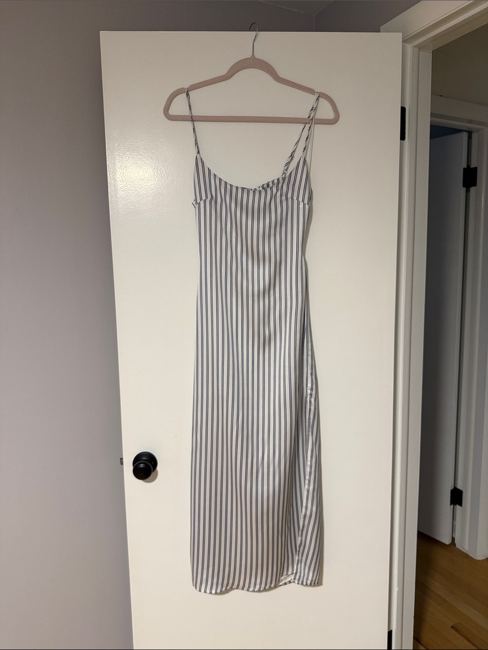 Striped White and Navy Satin Maxi Slip Dress